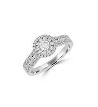 14K White Gold Double Halo Diamond Engagement Ring with Pavé Band

