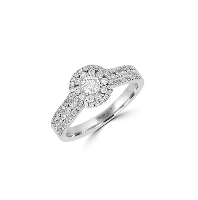 14K White Gold Double Halo Diamond Engagement Ring with Pavé Band

