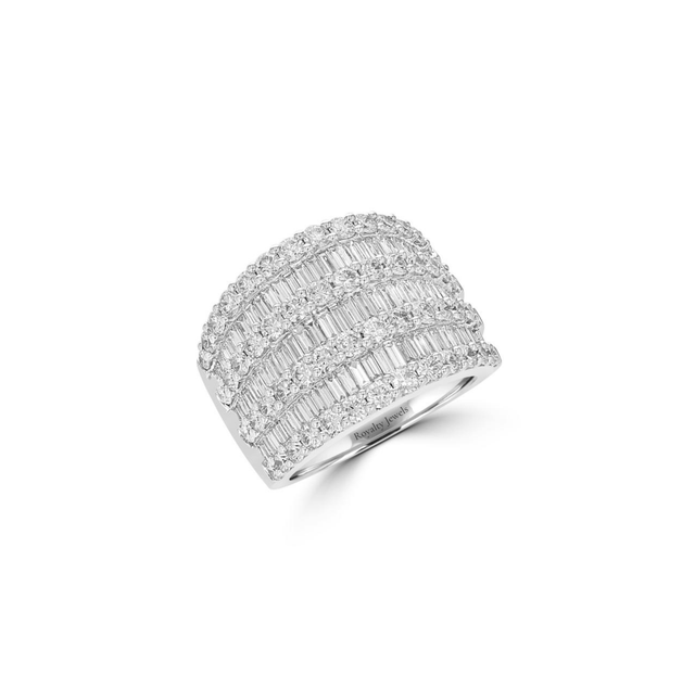 14K White Gold Multi-Row Baguette and Round Diamond Ring

