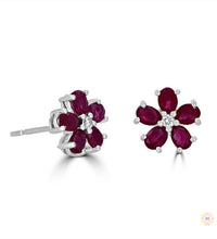 Ruby & Diamond Flower Stud Earrings
